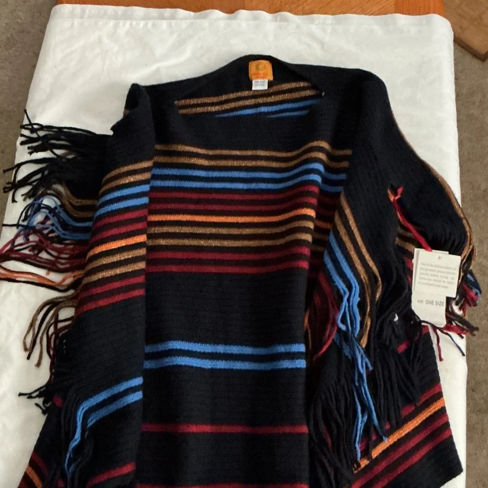 Ruby Rd. Black Multicolor Fringe Poncho - Picture 1 of 4